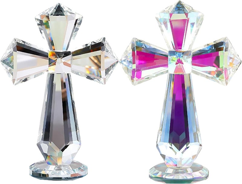 Rotroyce Hand-Carved Crystal Cross Desk Decor - 6 Inch Spiritual Gift for Christians, Clear K9 Crystal Religious Figurine with 360° Faceted Design (Transparent & Multicolored) - Image 1